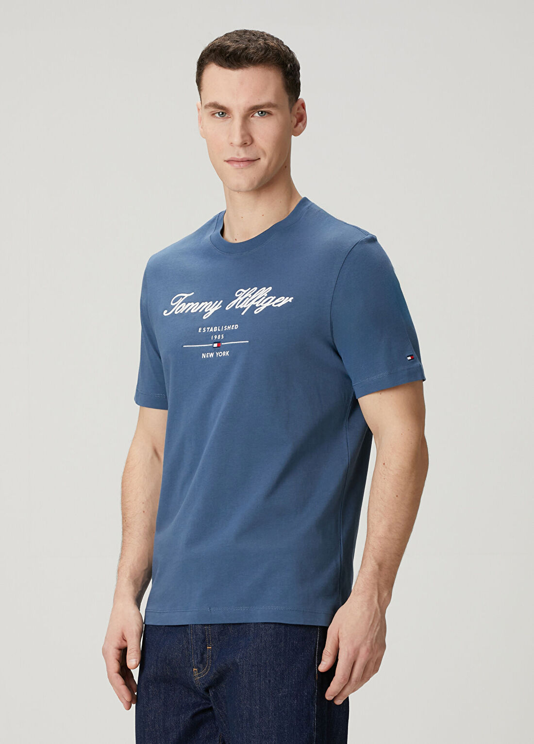 Tommy Hilfiger Mavi Logo Baskılı Basic T-shirt görsel 3
