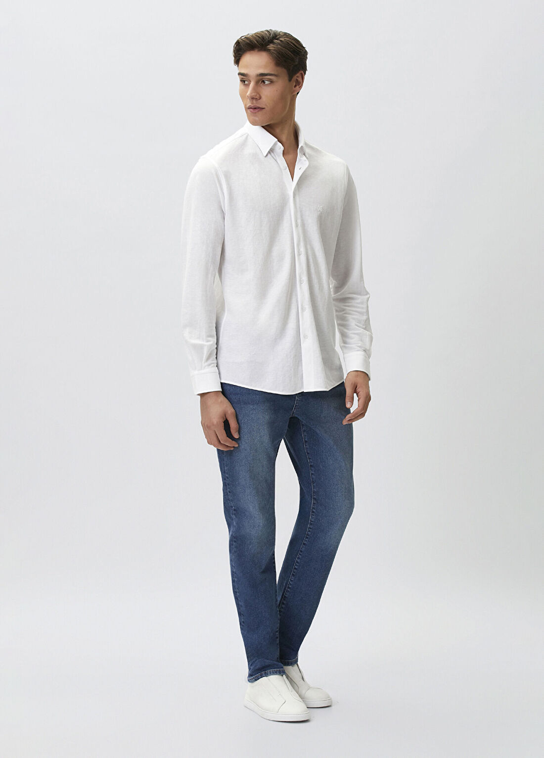 Network Slim Fit Beyaz Uzun Kol Örme Gömlek görsel 3