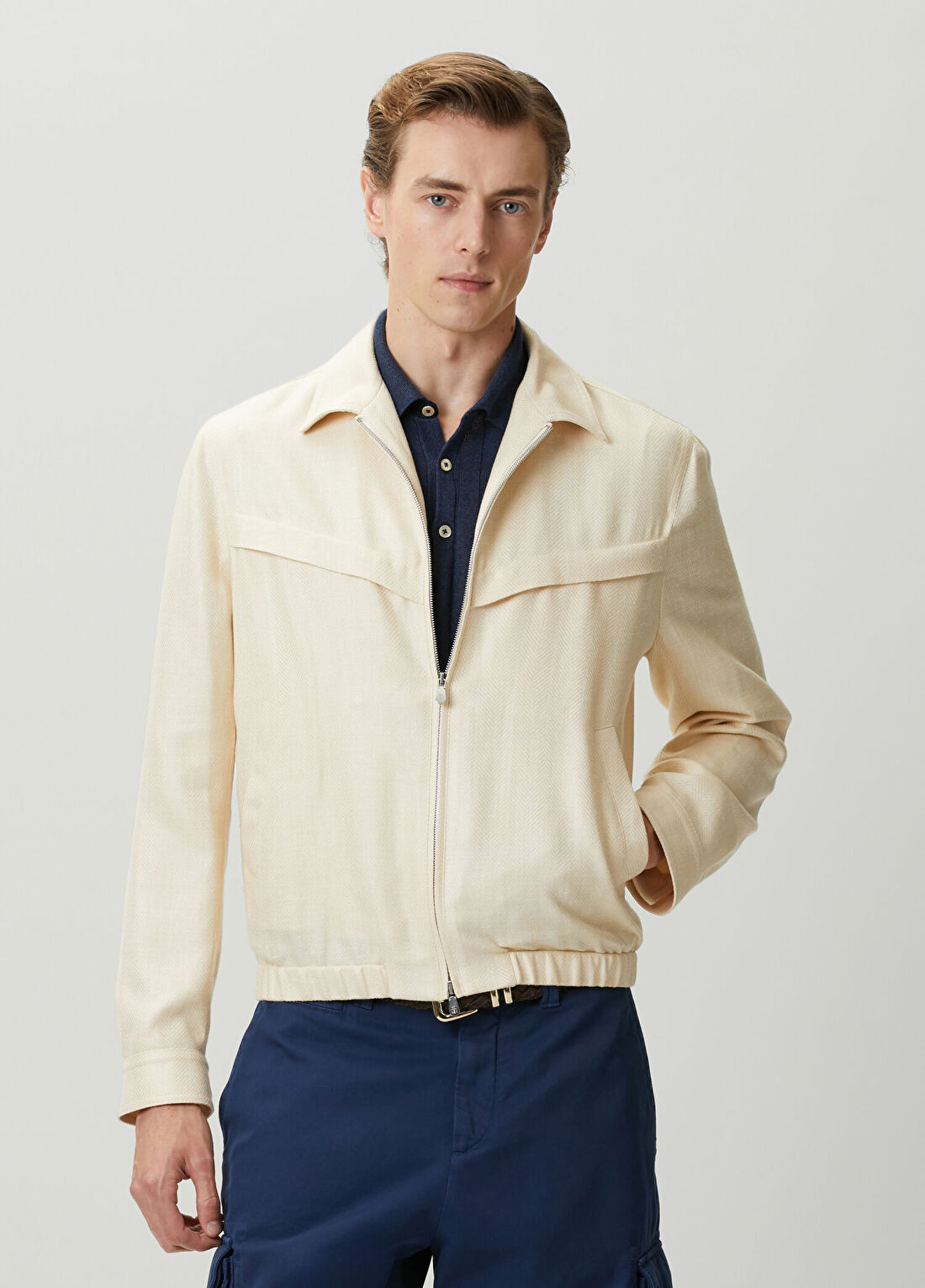Brunello Cucinelli Krem Balıksırtı Desenli Mont