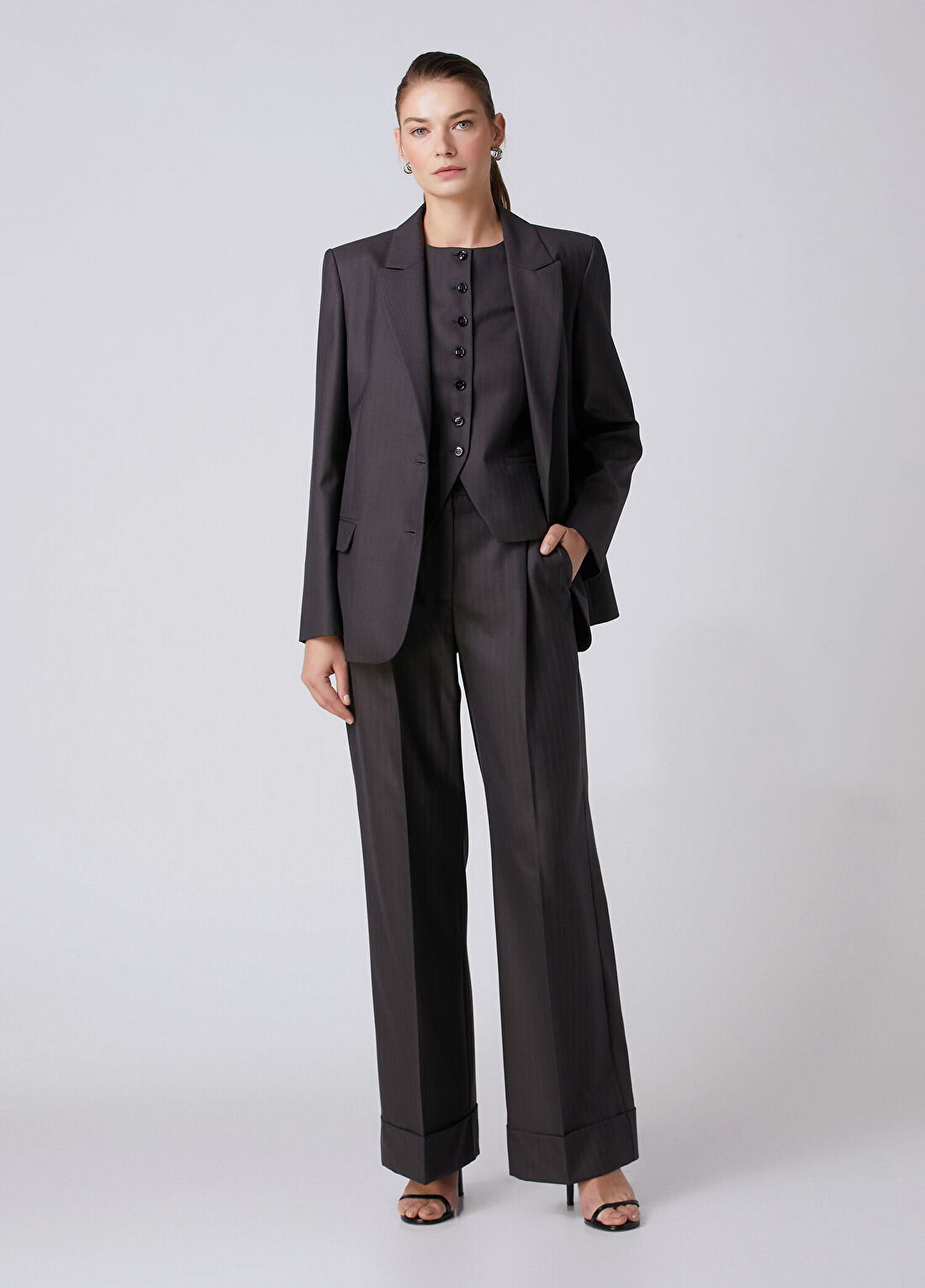 Beymen Collection Kahverengi Çizgili Wide Leg Yün Pantolon