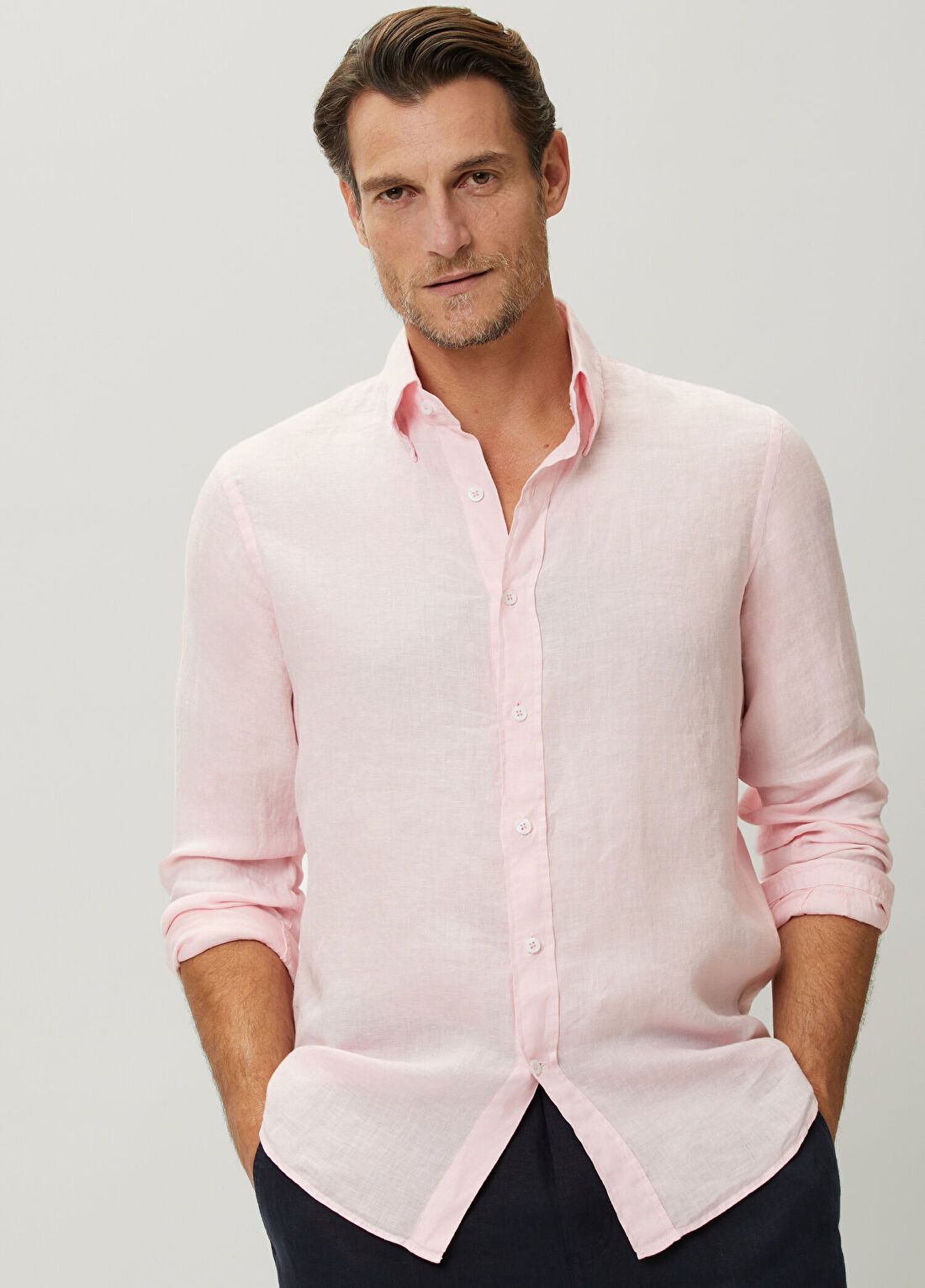 Beymen Collection Comfort Fit Pembe Düğmeli Büyük Yaka Keten Gömlek