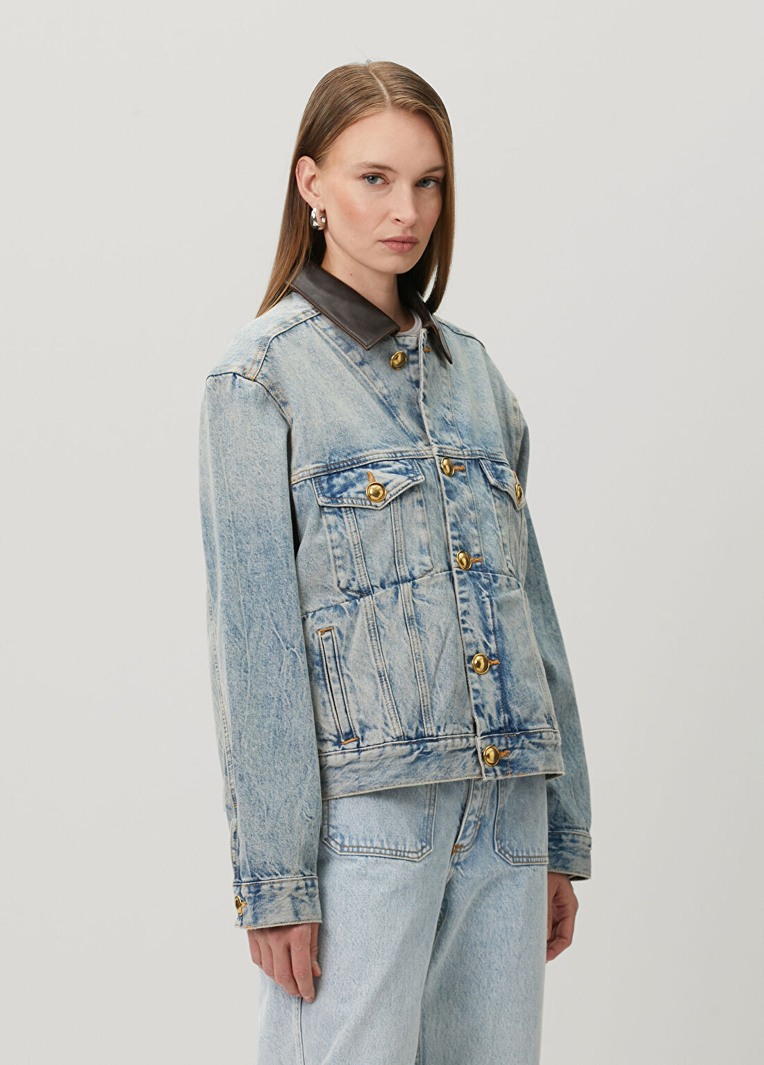 Sandro Freja Mavi Deri Yaka Denim Ceket