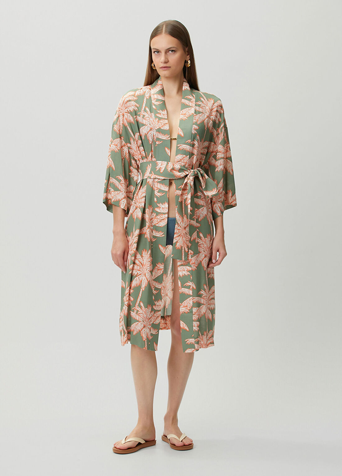 Dual Yeşil Palmiye Desenli Kimono