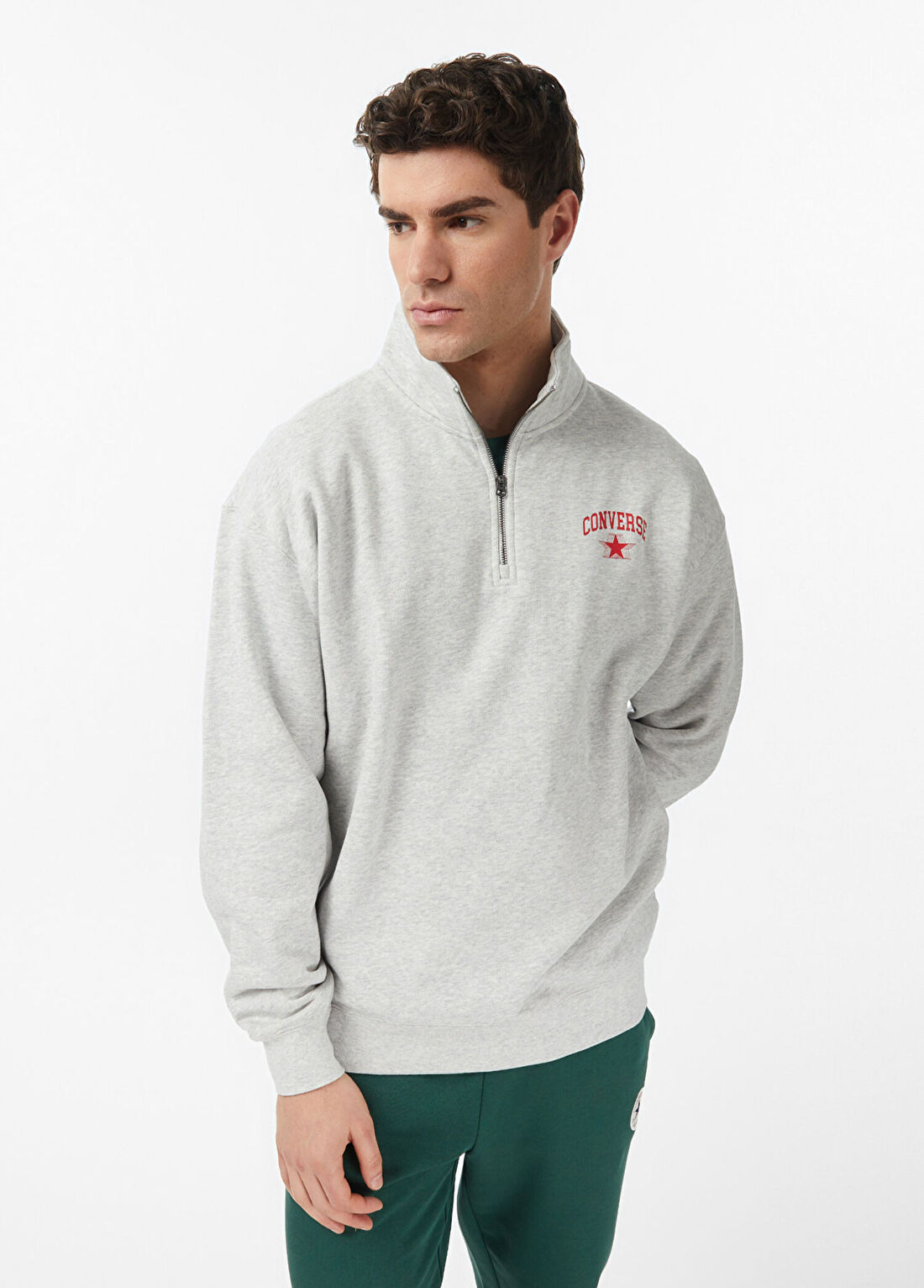 Converse Gri Yarım Fermuarlı Erkek Sweatshirt