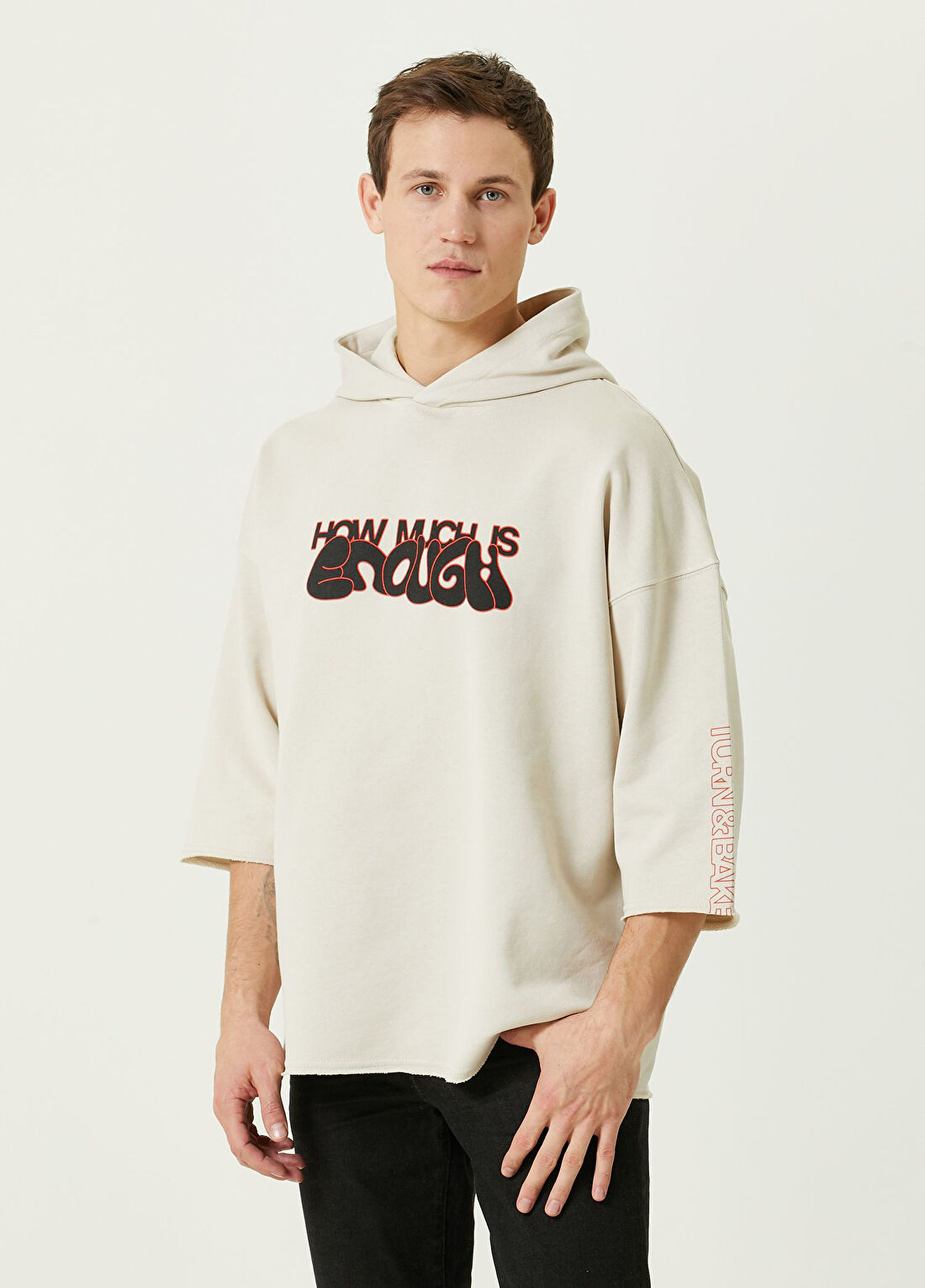 Turn & Bake Enough Bej Yarım Kol Kapüşonlu Erkek Sweatshirt