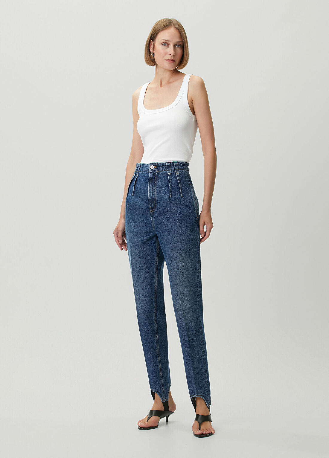 Mugler Mavi Paçası Bantlı Jean Pantolon