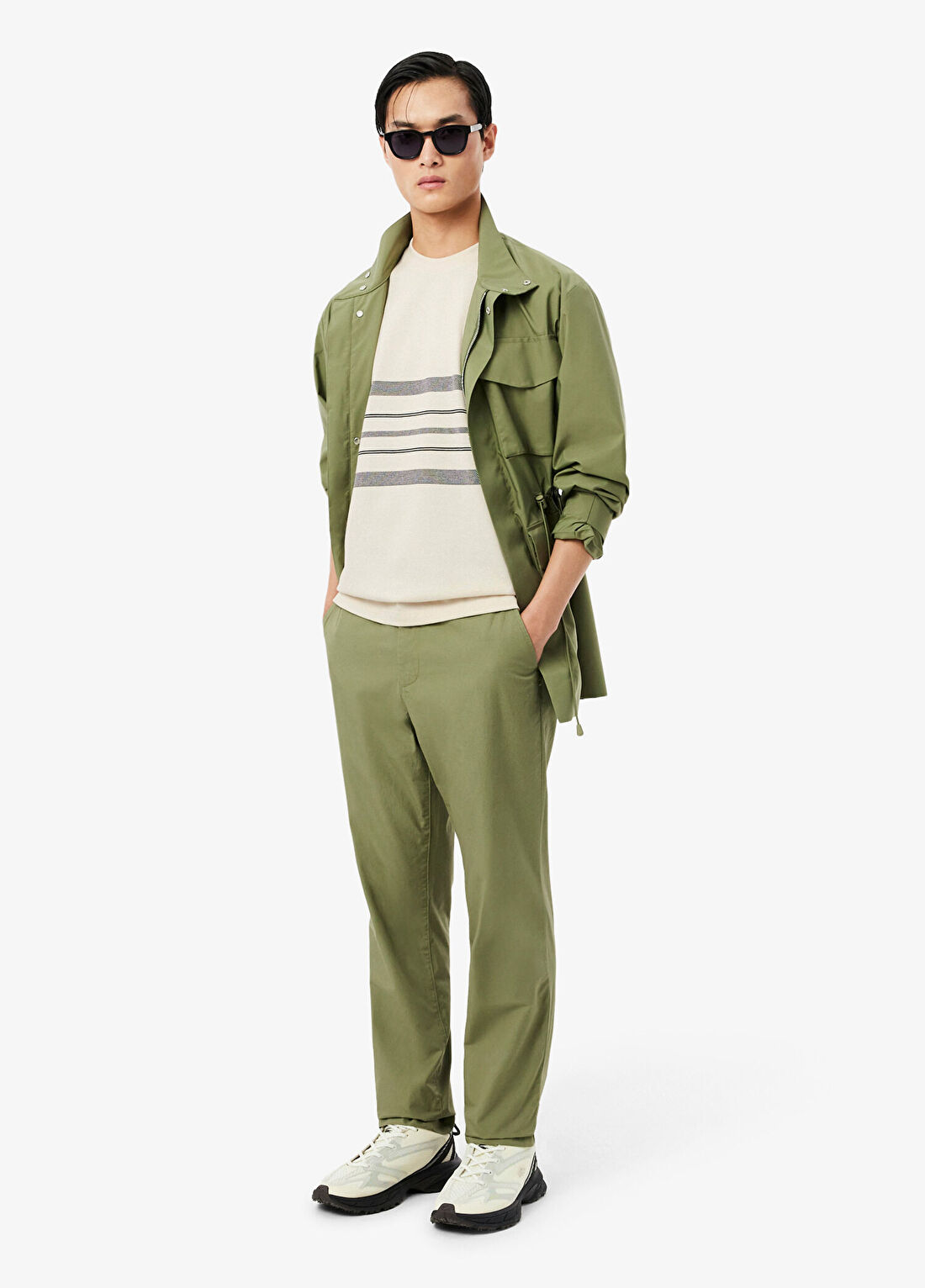Lacoste Krem Çizgili Classic Fit Bisiklet Yaka Kısa Kollu Erkek T-Shirt görsel 4