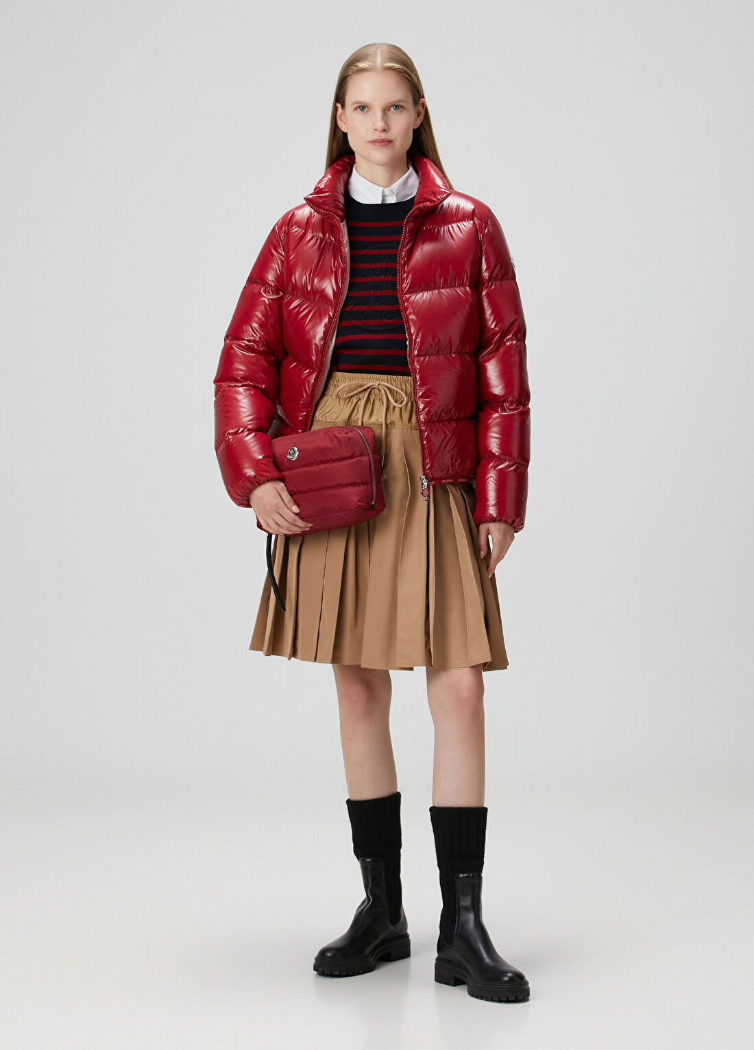 Moncler Bej Pileli Midi Etek