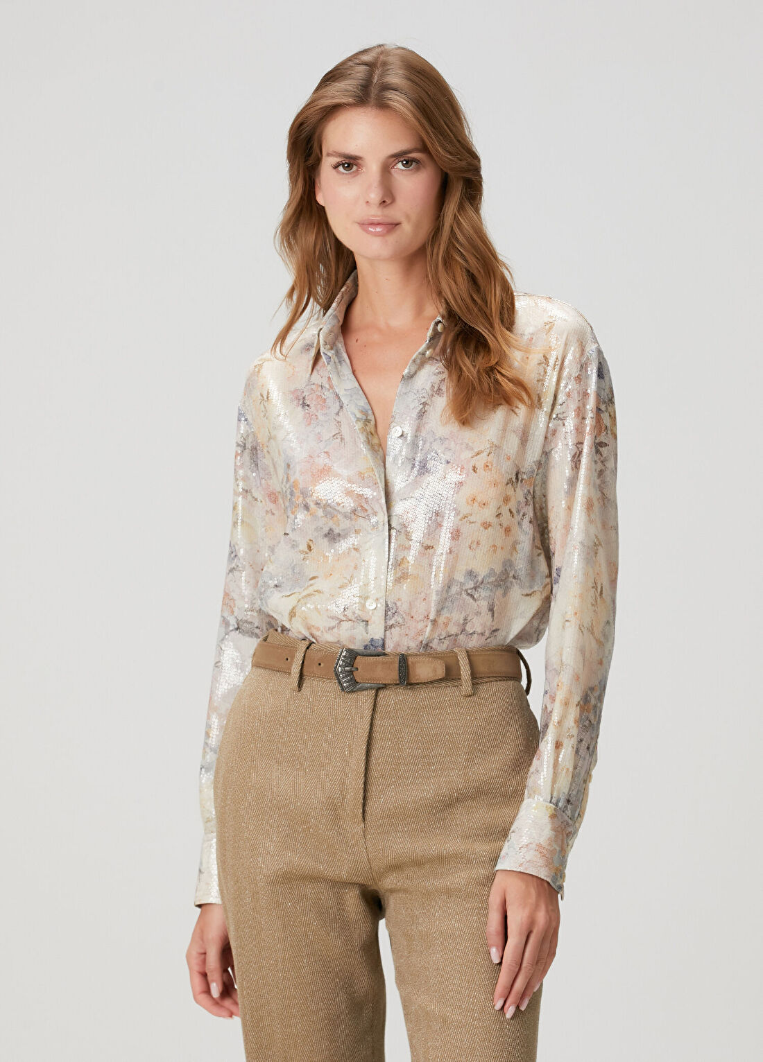 Golden Goose Journey Bej Payetli Çiçek Desenli Gömlek
