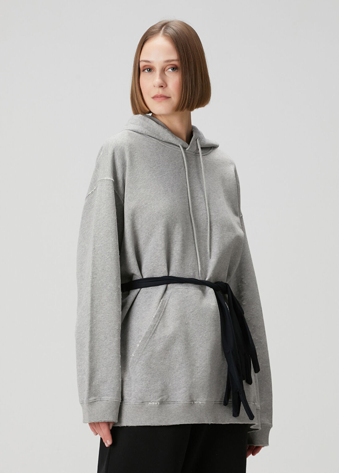 MM6 Maison Margiela Gri Kapüşonlu Mini Sweatshirt Elbise
