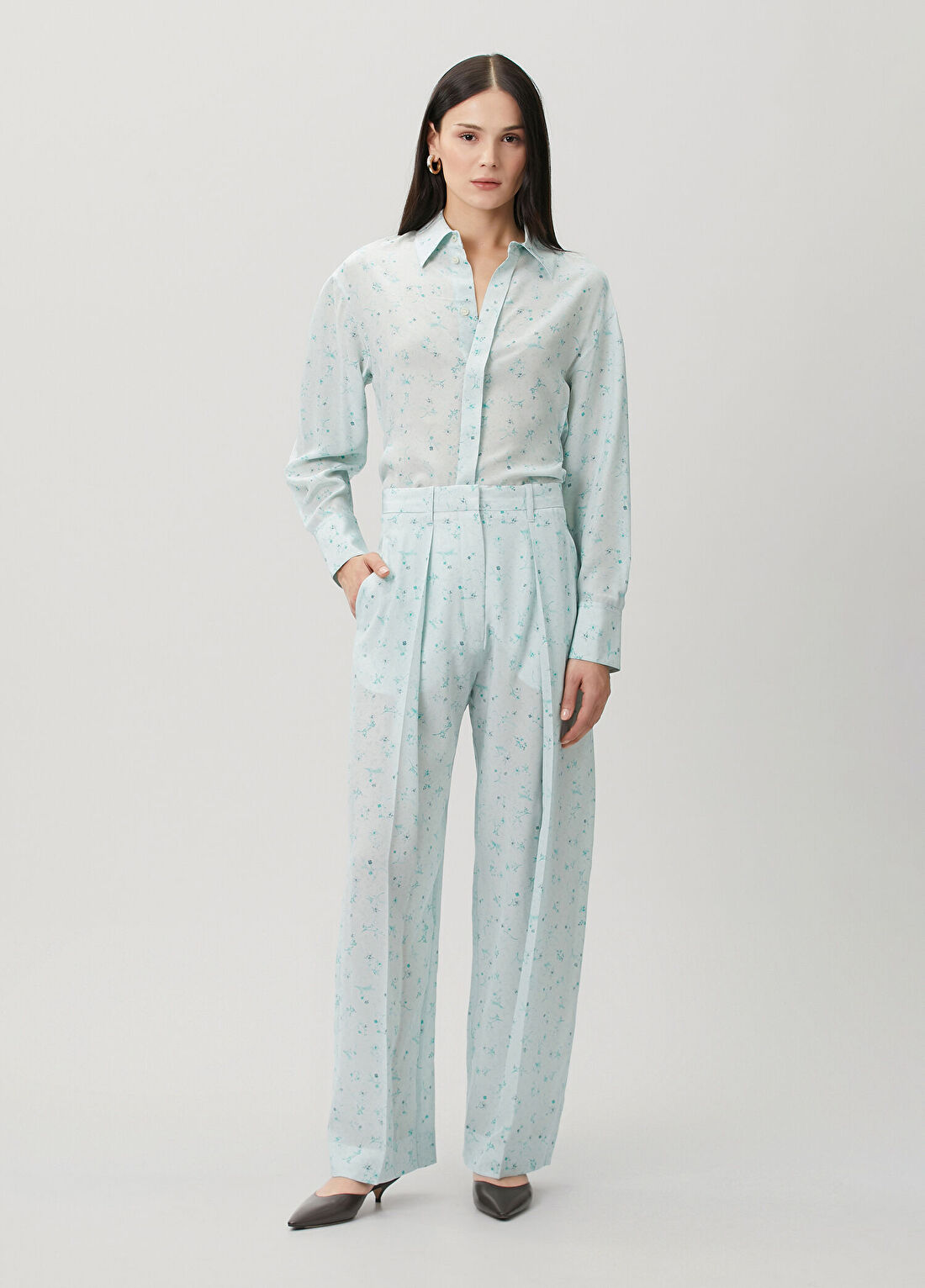 Victoria Beckham Mavi Desenli Wide Leg İpek Pantolon