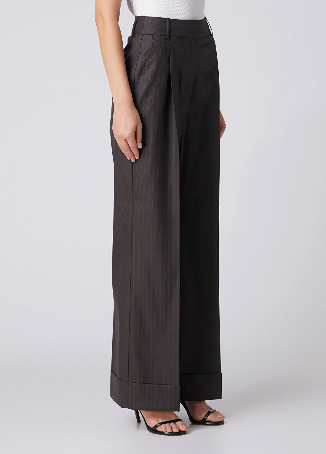 Beymen Collection Kahverengi Çizgili Wide Leg Yün Pantolon görsel 3
