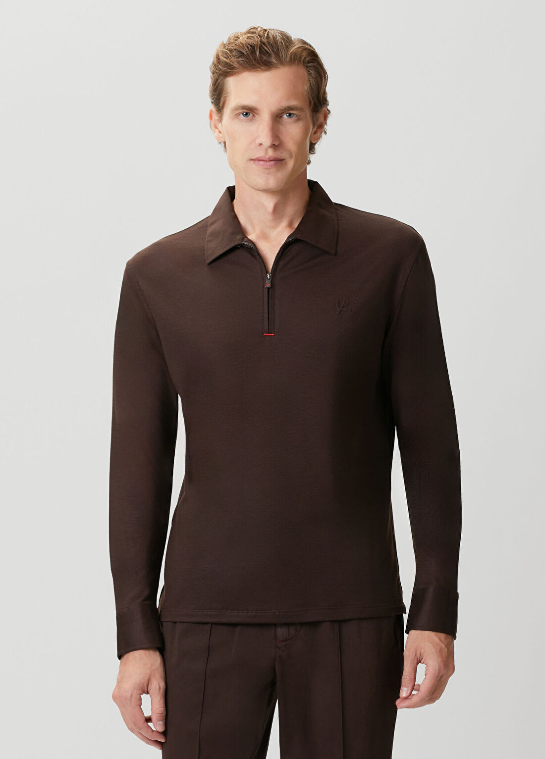 Isaia Kahverengi Polo Yaka Yün Sweatshirt