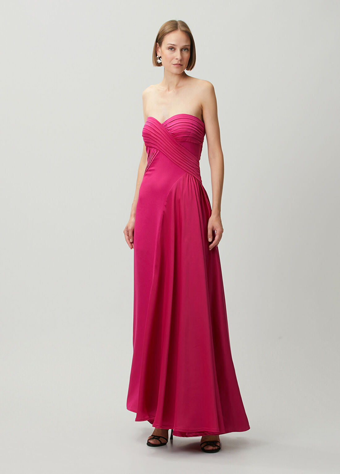 Tadashi Shoji Cassera Fuşya Straplez Maksi Abiye Elbise görsel 3