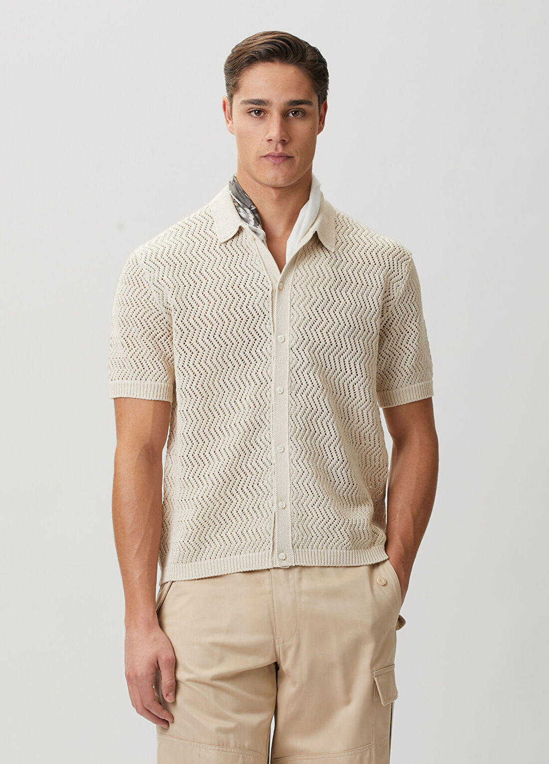 Ralph Lauren Purple Label Bej Örgü Dokulu Kısa Kollu Triko