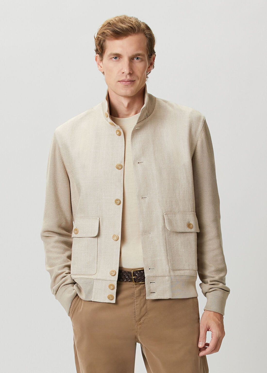 Ralph Lauren Purple Label Bej Balıksırtı Desenli İpek Mont
