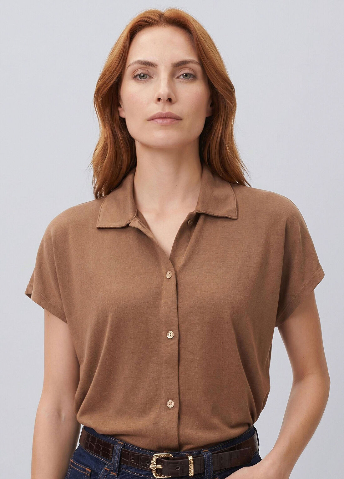 Network Kahverengi Gömlek Yaka T-shirt görsel 3