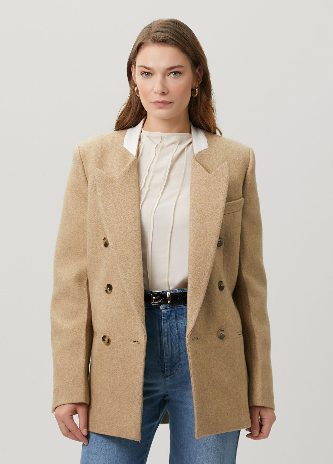 Victoria Beckham Camel Kruvaze Yün Ceket