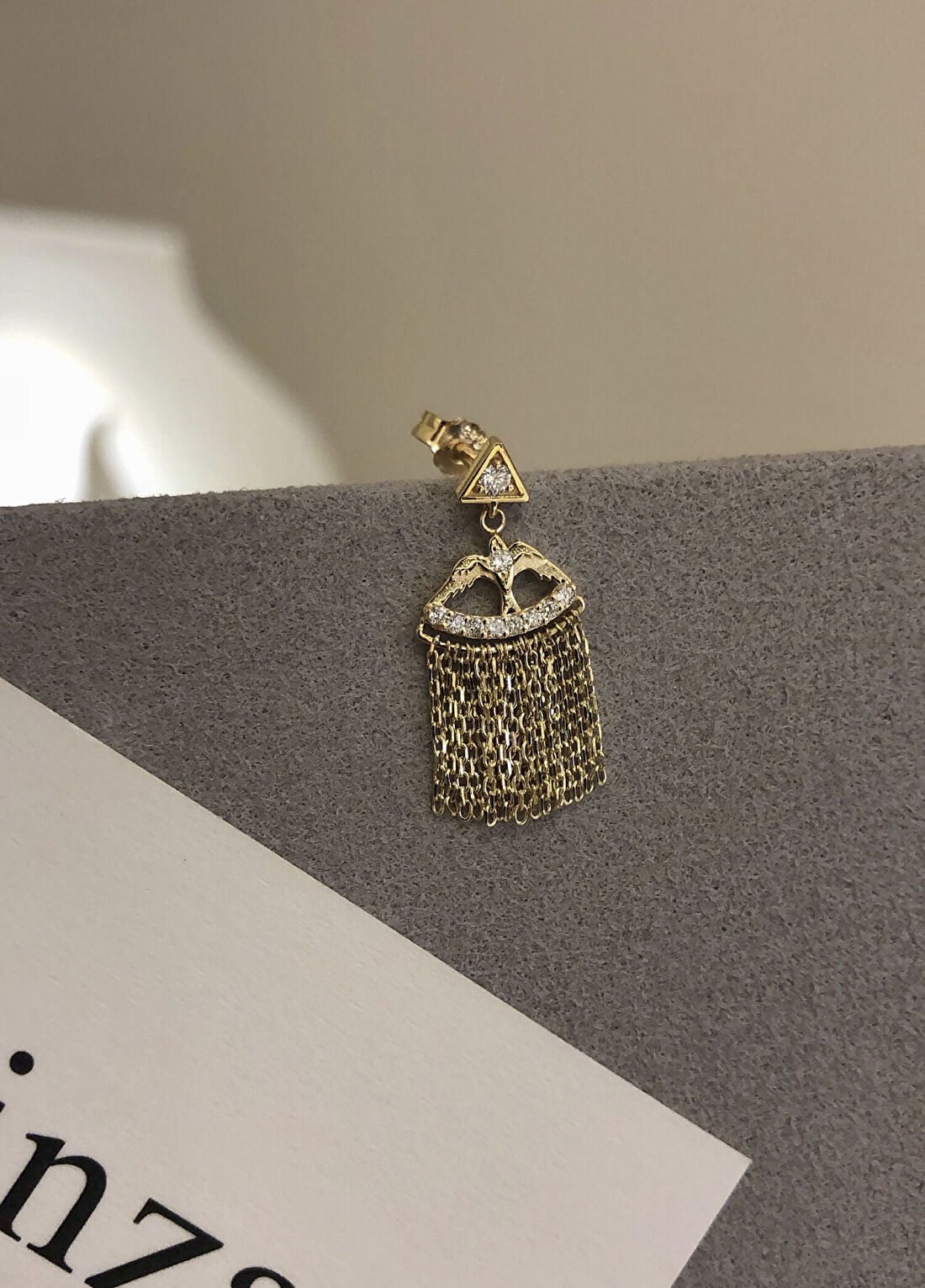 Ginza Design Jewelry Bird Triangle Pırlanta Taşlı 14 Ayar Altın Kadın Tek Küpe görsel 3