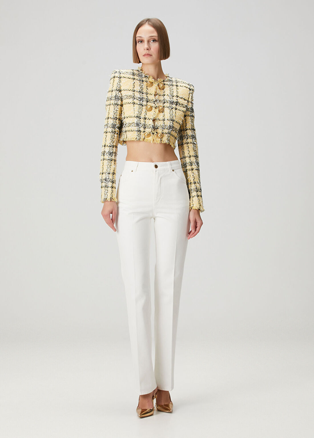Balmain Sarı Ekoseli Crop Tweed Ceket görsel 2