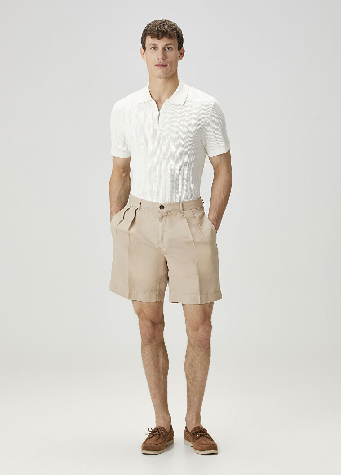 Slowear Bej Pileli Keten Bermuda