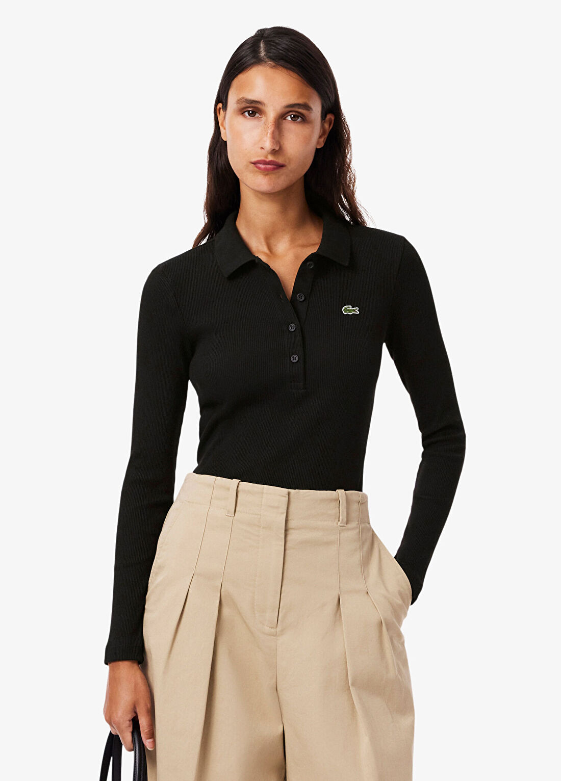 Lacoste L.12.D Siyah Polo Yaka Slim Fit Uzun Kollu Kadın T-shirt