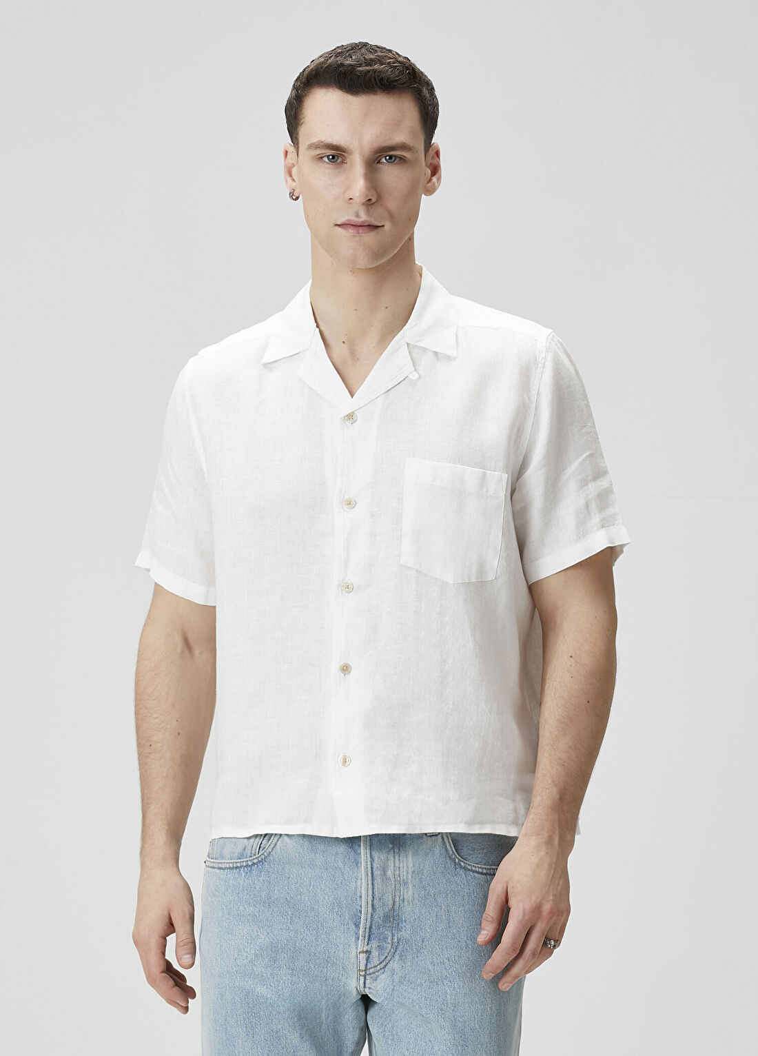 AllSaints Tri Krem Figür Nakışlı Kısa Kollu Keten Gömlek