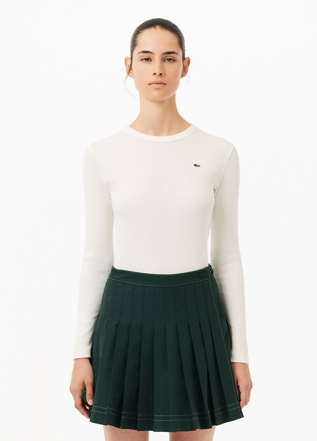 Lacoste Beyaz Uzun Kollu Slim Fit Bisiklet Yaka Kadın T-Shirt