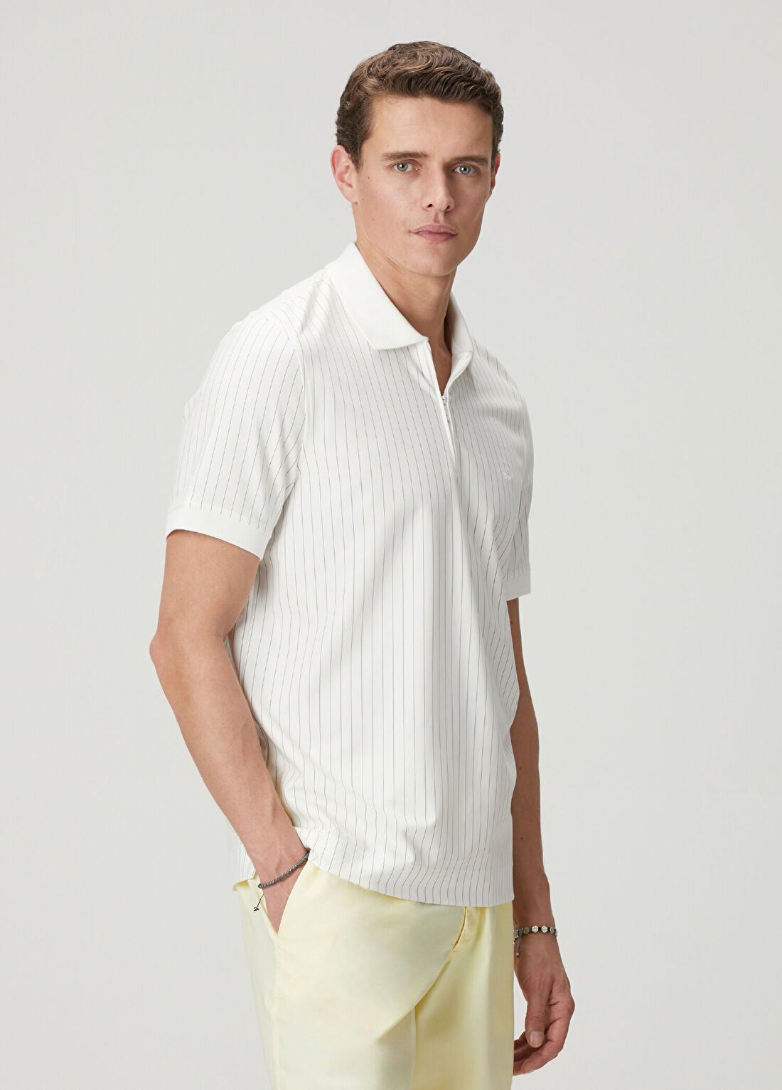 Beymen Club Kırık Beyaz Slim Fit Çizgili Teknik Polo T-shirt görsel 4