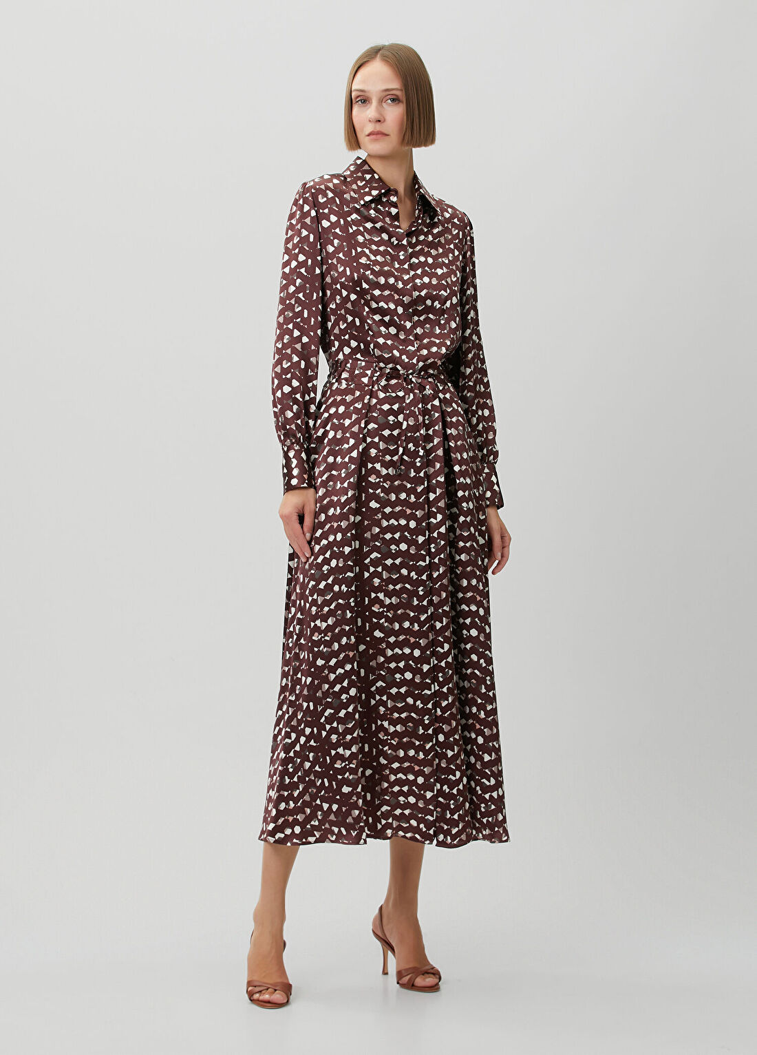 Kiton Bordo Desenli Midi İpek Gömlek Elbise
