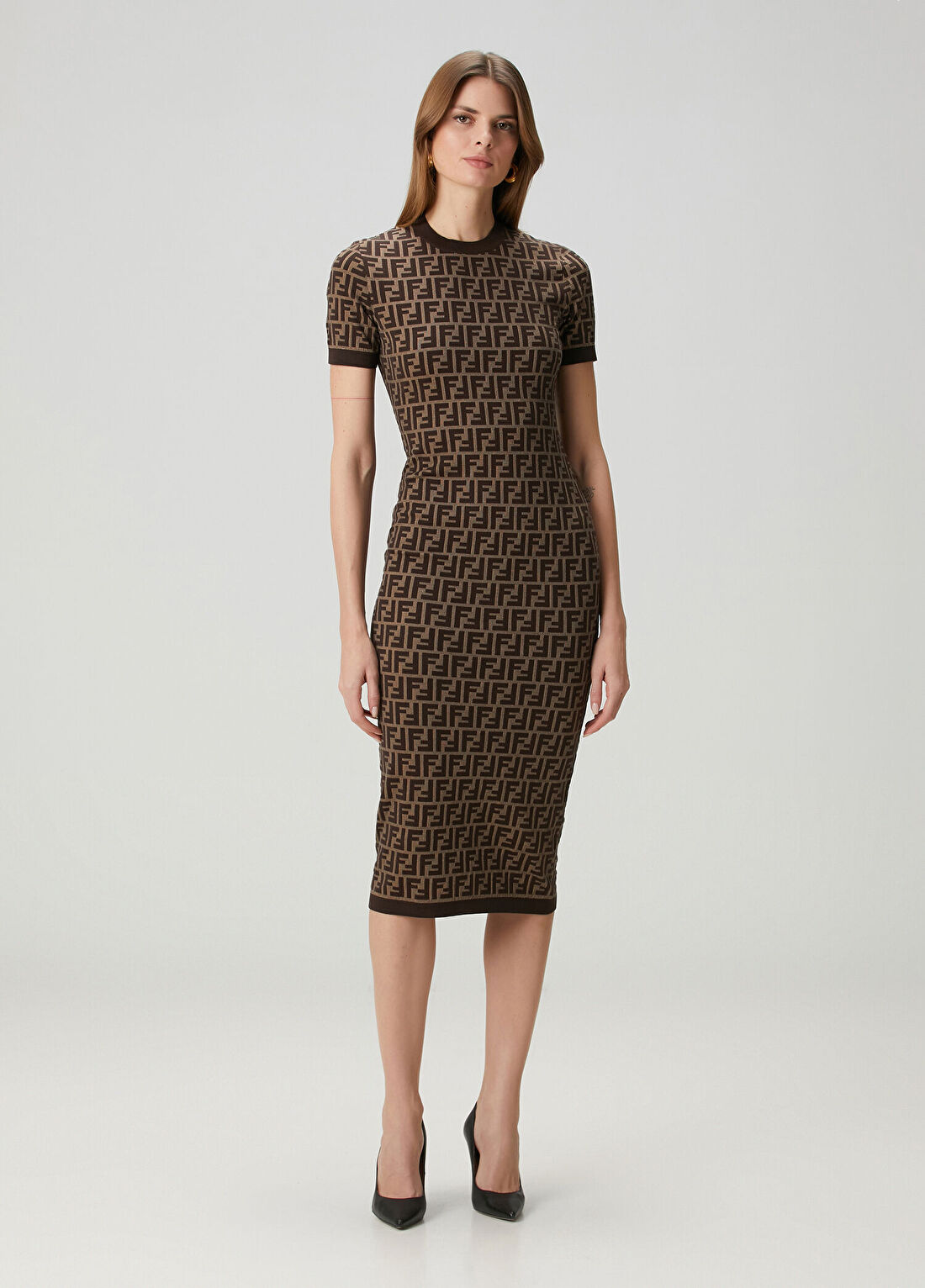 Fendi Kahverengi Logo Motifli Midi Elbise