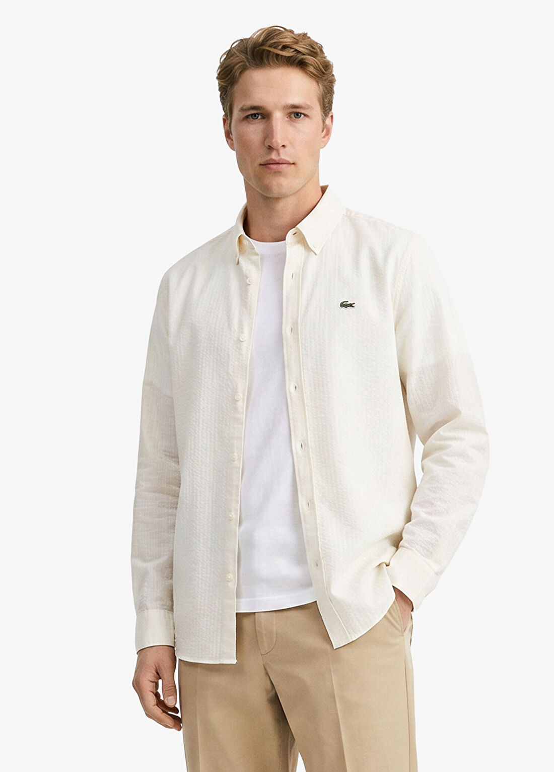 Lacoste Krem Regular Fit Düğmeli Yaka Uzun Kollu Erkek Gömlek
