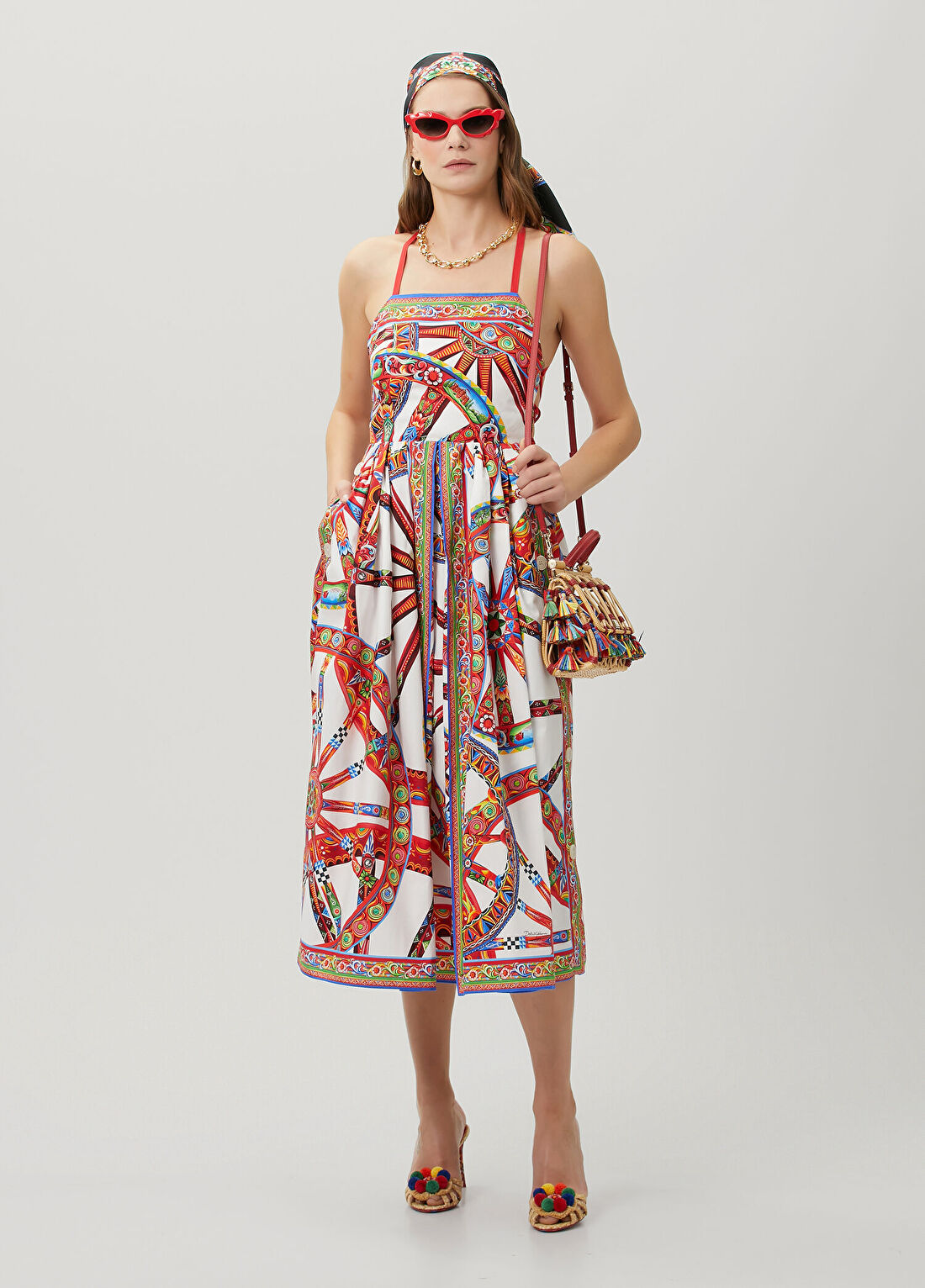 Dolce&Gabbana Kırmızı Beyaz Desenli Midi Elbise