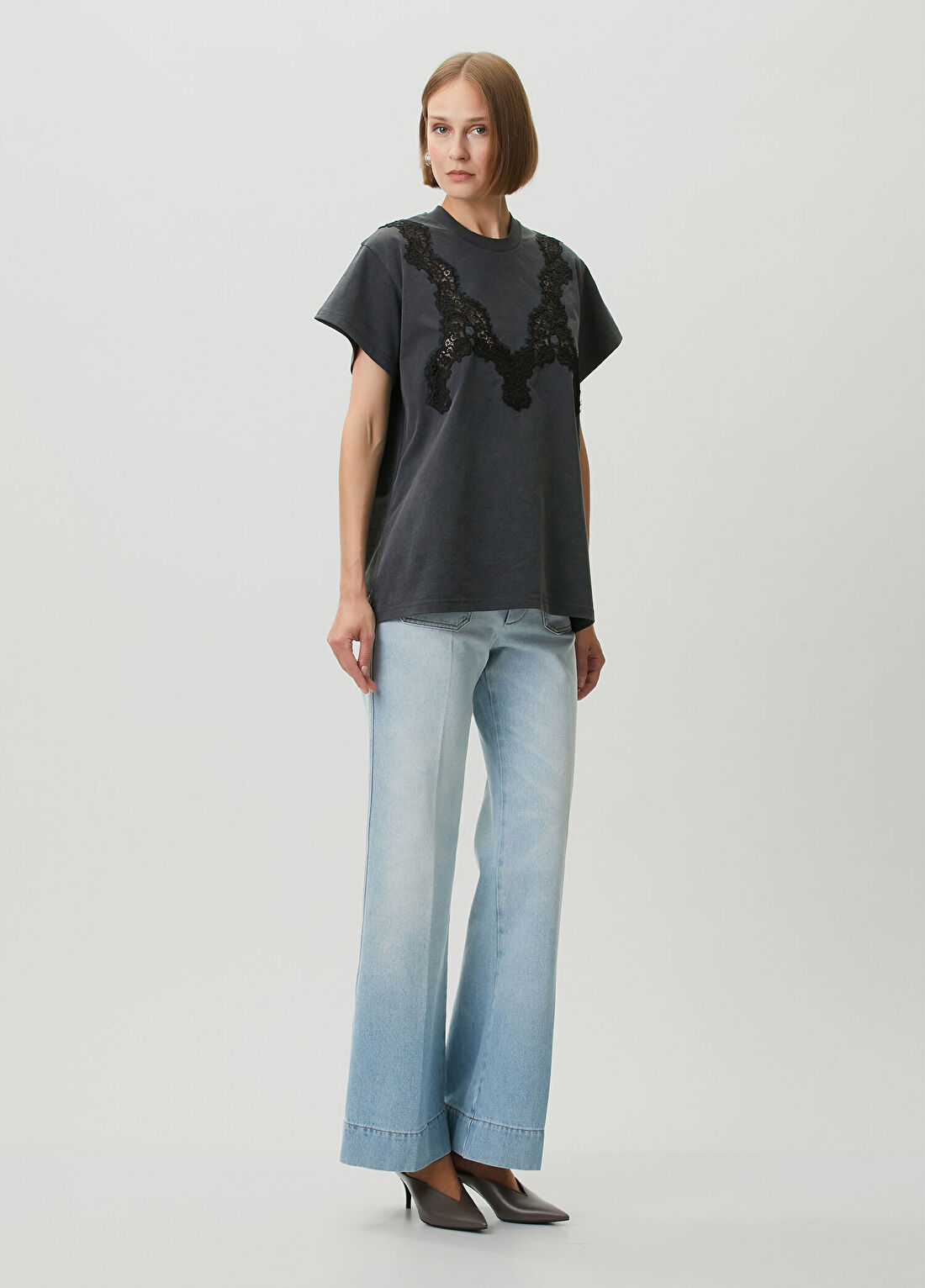 Stella McCartney Antrasit Dantel Garnili T-shirt görsel 2