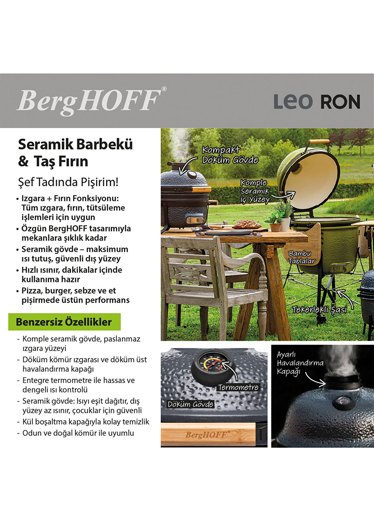 Berghoff Ron Mat Haki Seramik Büyük Boy Barbekü - 3