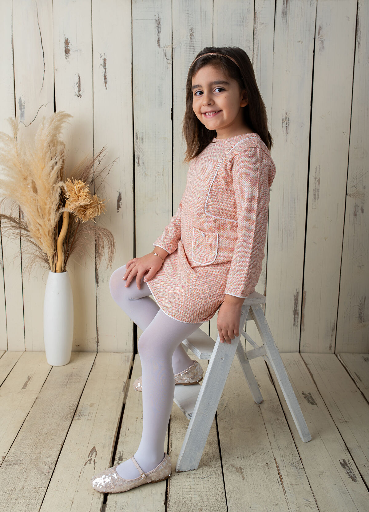 Bleu Lapin Orange Girls' Tweed Dress - 3