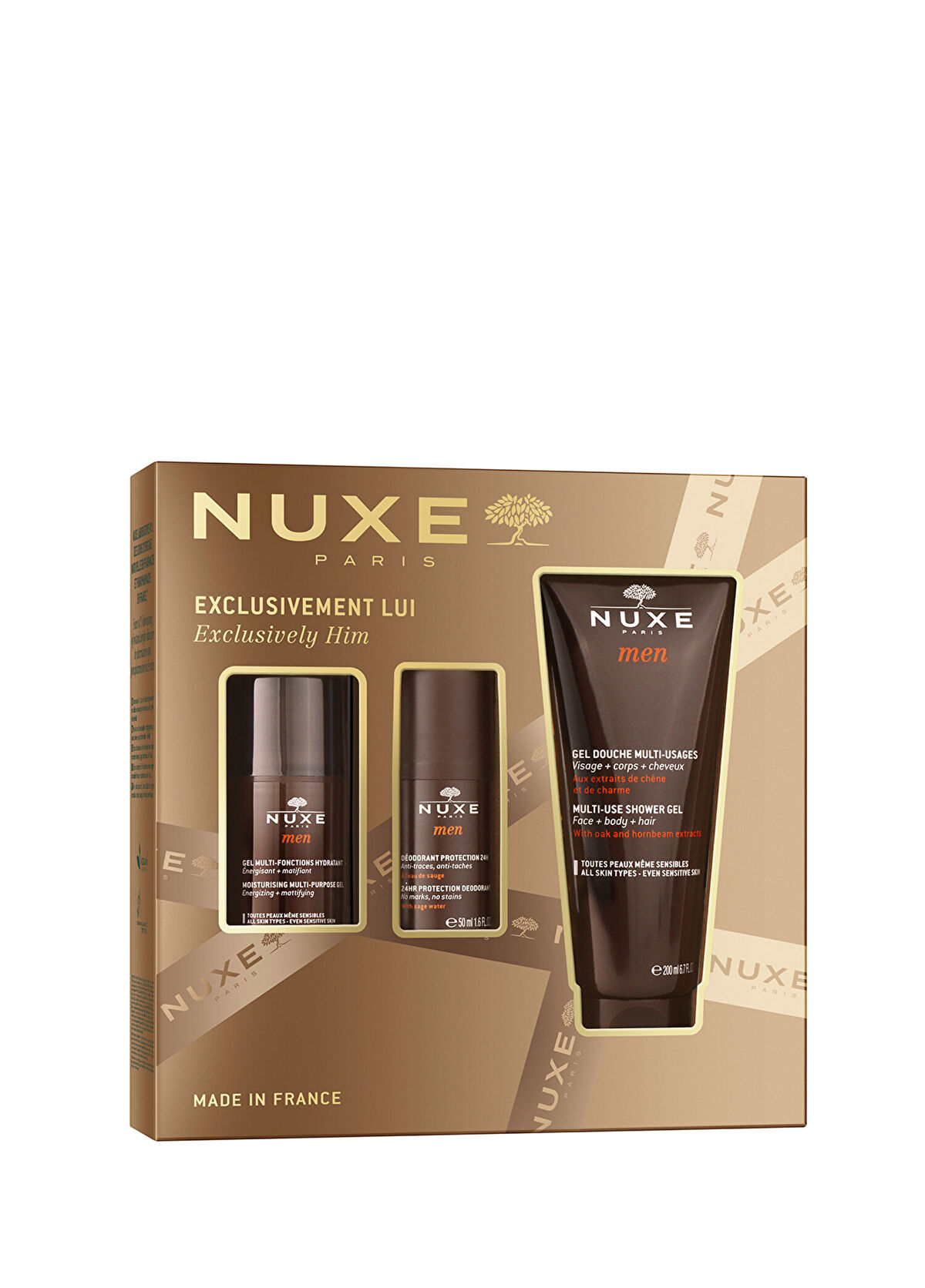 Nuxe Exclusivement Lui Men Moisturizing Gel Cream 50 ml + Men Deodorant 50 ml + Men Shower Gel 200 ml Men's Skin Care Set - 1