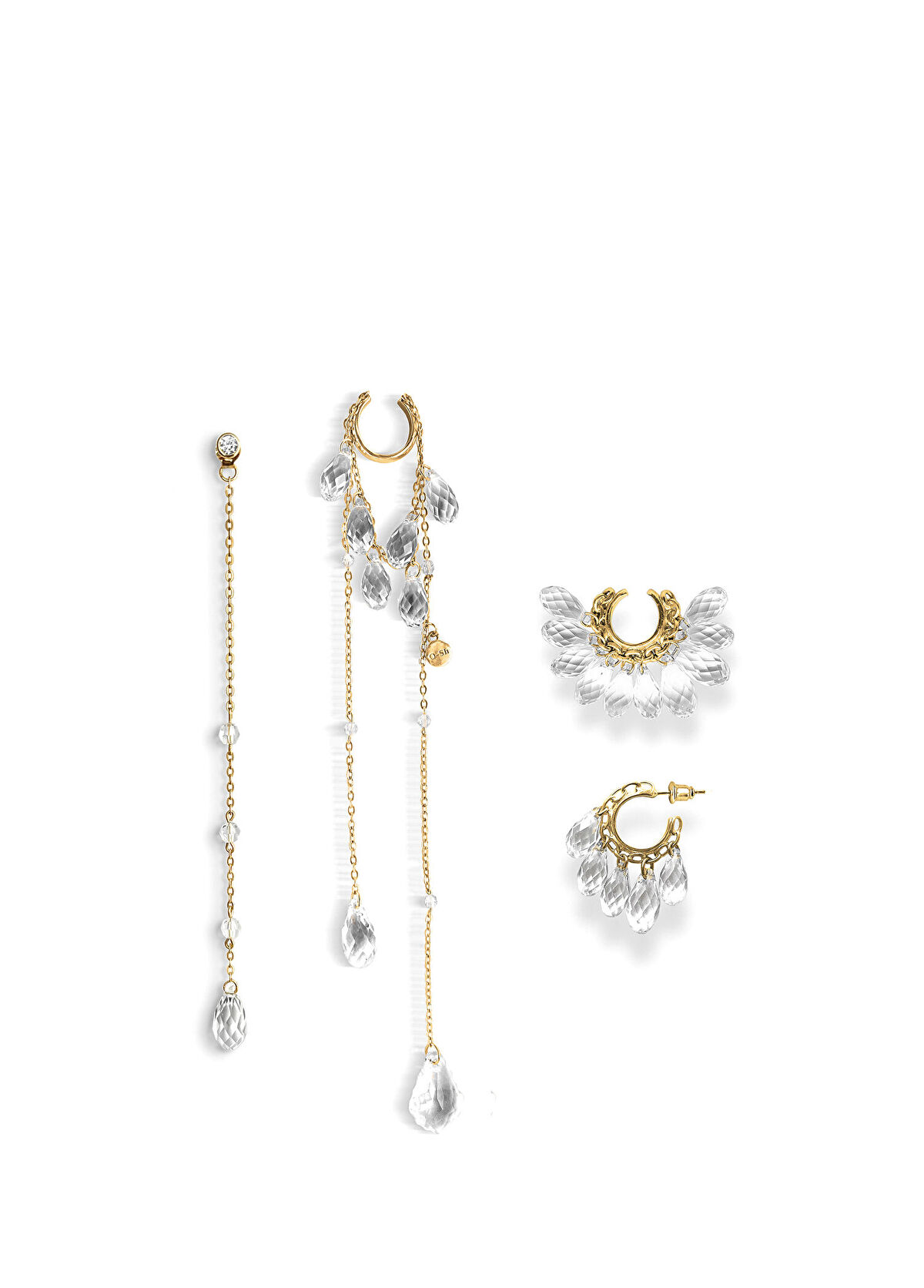 O SH Naked Crystals Asymmetrical Crystal Stone 18K Gold Plated 925 Sterling Silver Women's Earrings Set - 1