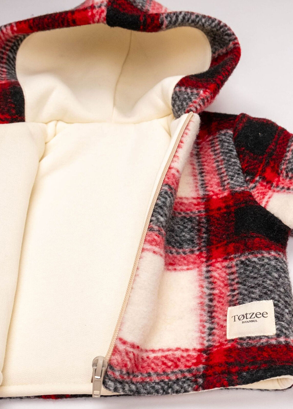 Totzee Kırmızı Krem Ekoseli Kapüşonlu Unisex Bebek Mont  - 3