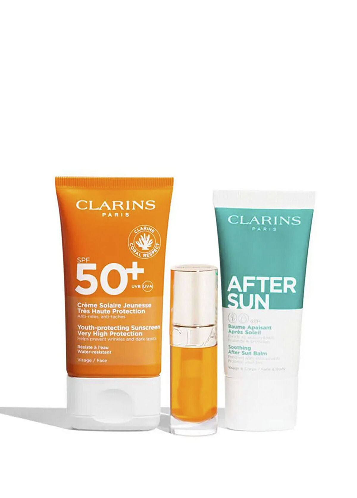 Clarins Moisturizing Sunscreen 50 ml + Lip Comfort Oil 01 + After Sun Soothing Balm 30 ml Sunscreen Set - 3