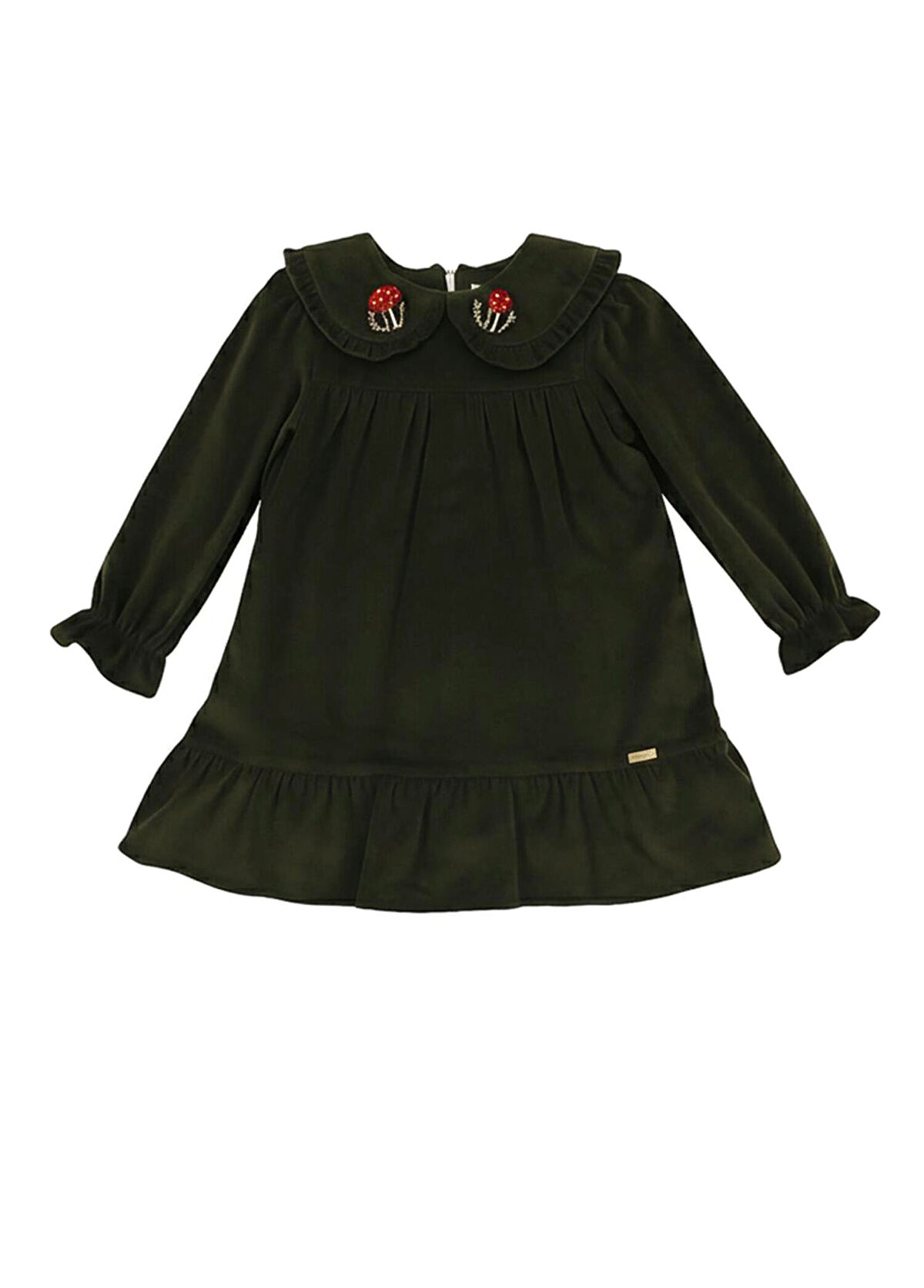 Patique Kids Khaki Cotton Velvet Mushroom Embroidered Baby Collar Girl's Dress - 1