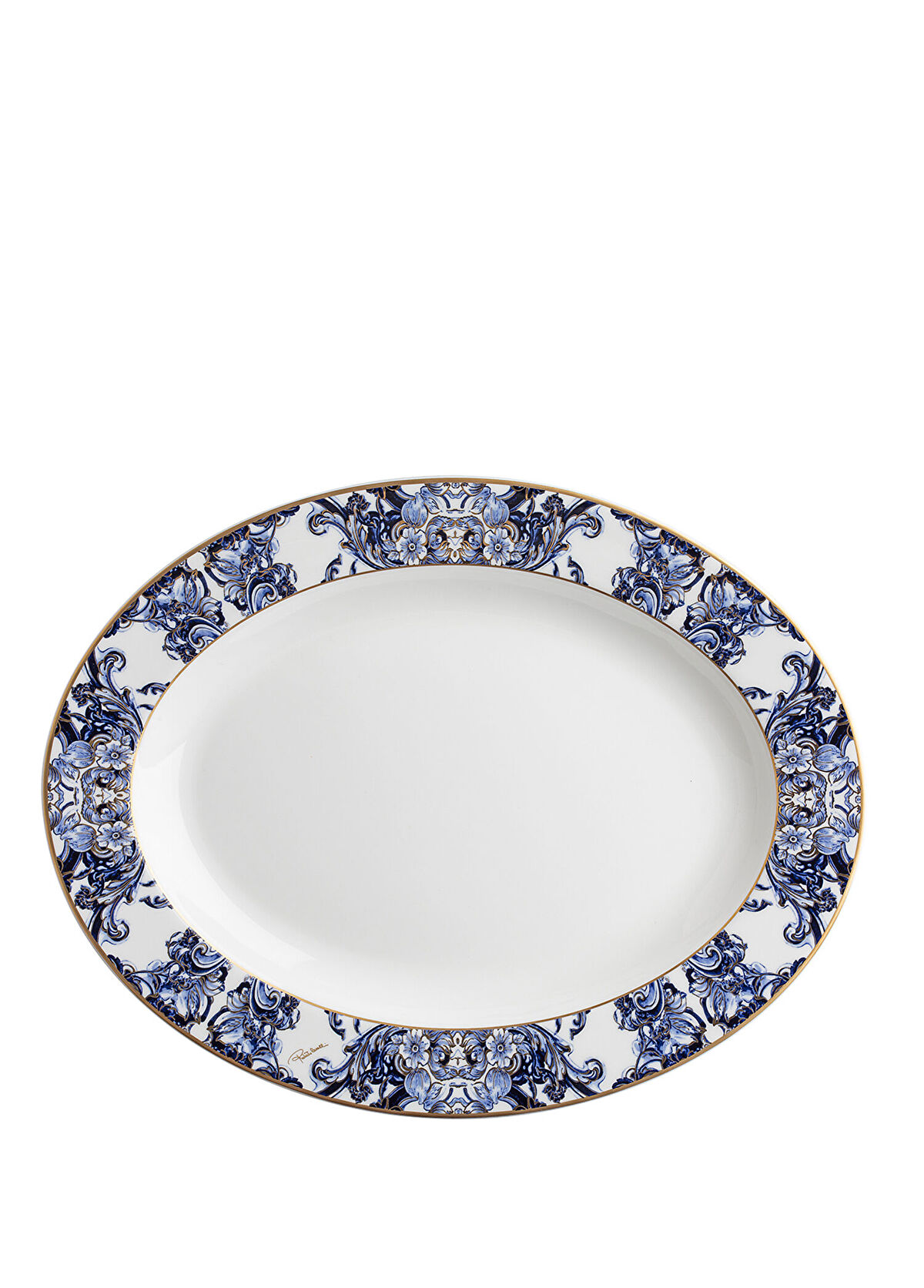 Roberto Cavalli Azulejos Mavi Beyaz Desenli Porselen Oval Servis Tabağı 36 cm - 1