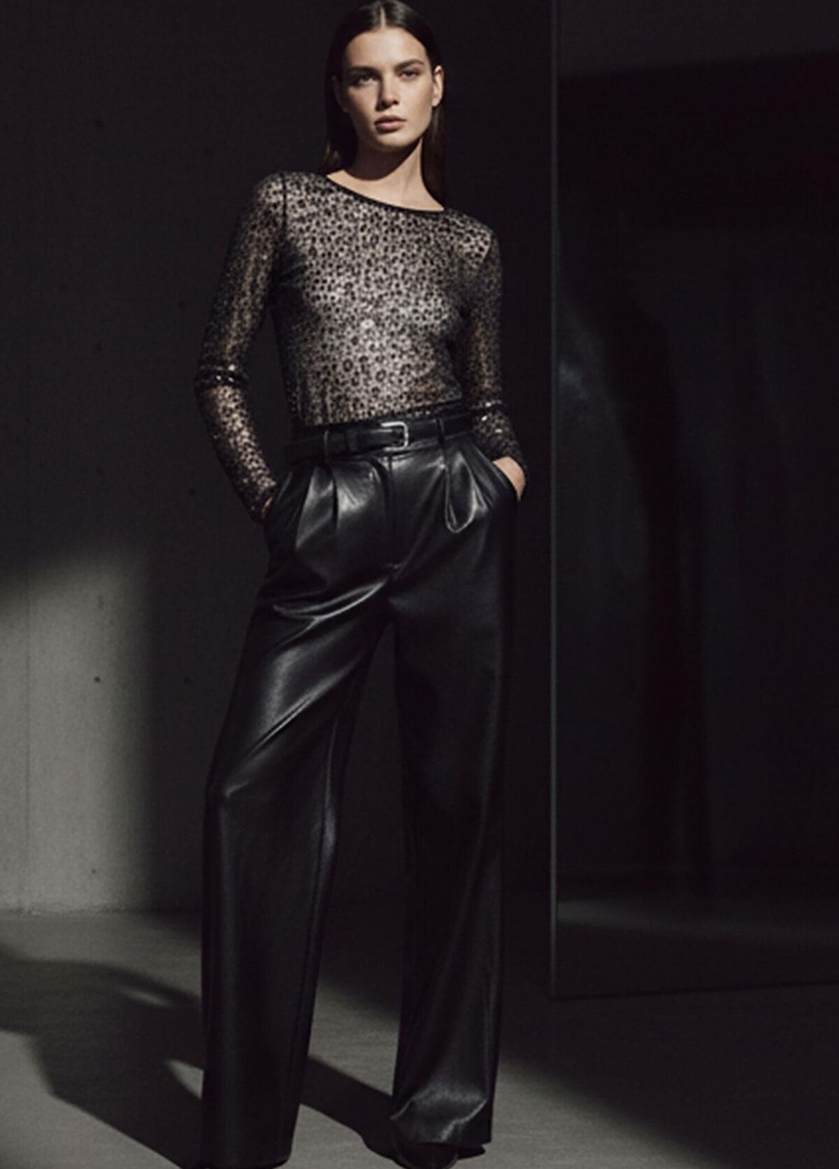 Rivus Black Vegan Leather High Waist Wide Leg Maxi Length Pleated Women's Trousers - 3