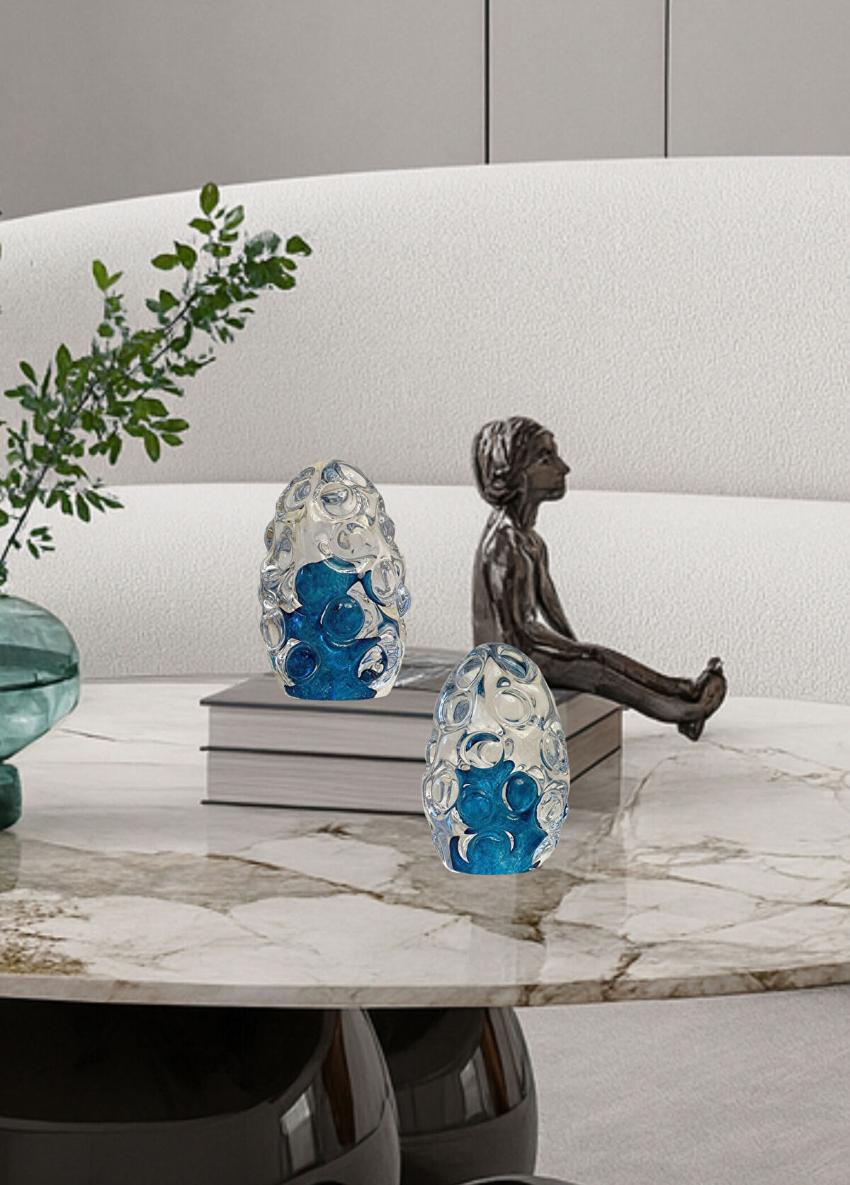 2in1 Design Studio Blue Glass Bubble 2-Piece Sphere Decorative Object - 3