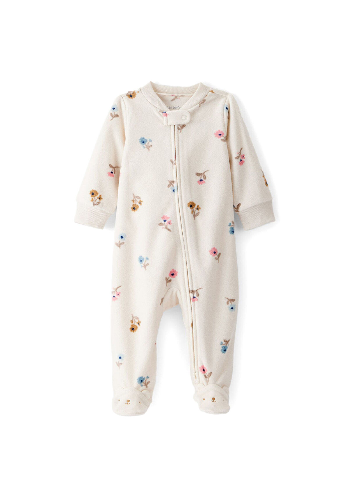 Carter's Floral Printed Ecru Fleece Long Sleeve Baby Girl Jumpsuit - 1