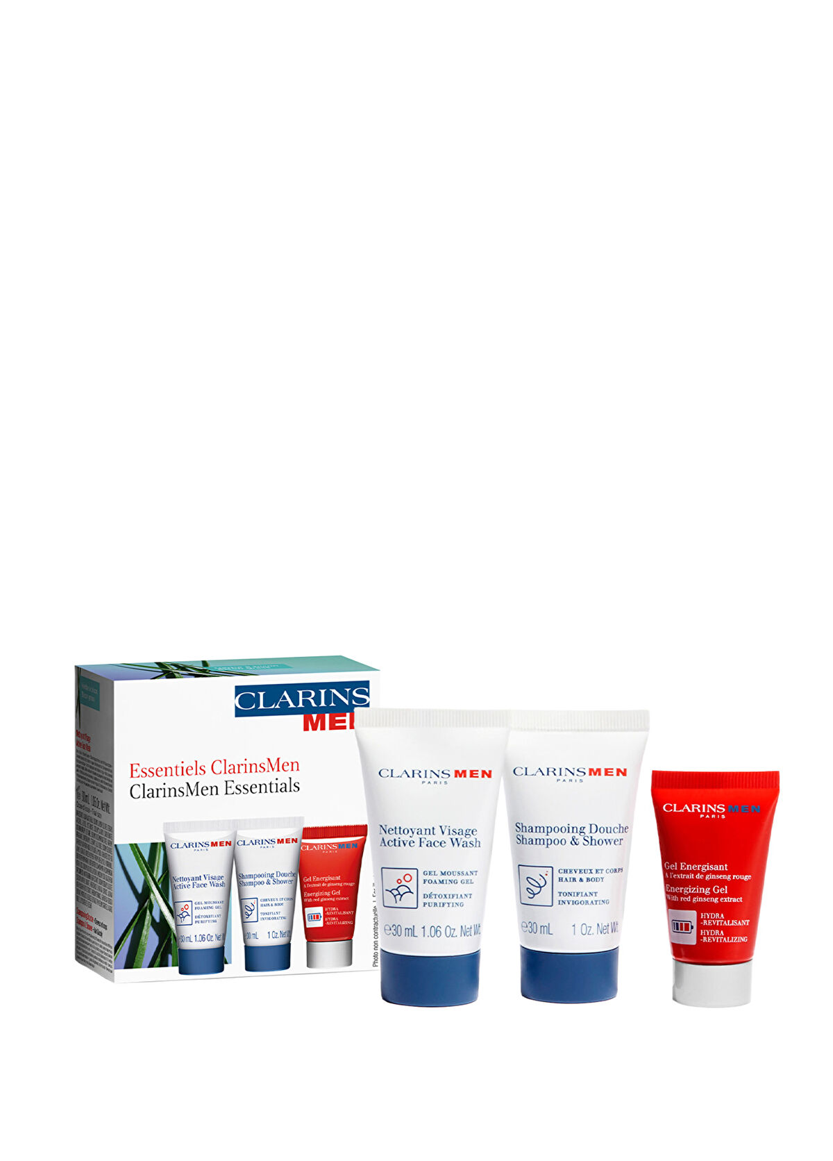 Clarins Yüz Yıkama Jeli + Şampuan & Duş Jeli + Energizing Nemlendirici Jel Erkek Cilt Bakım Seti  - 1