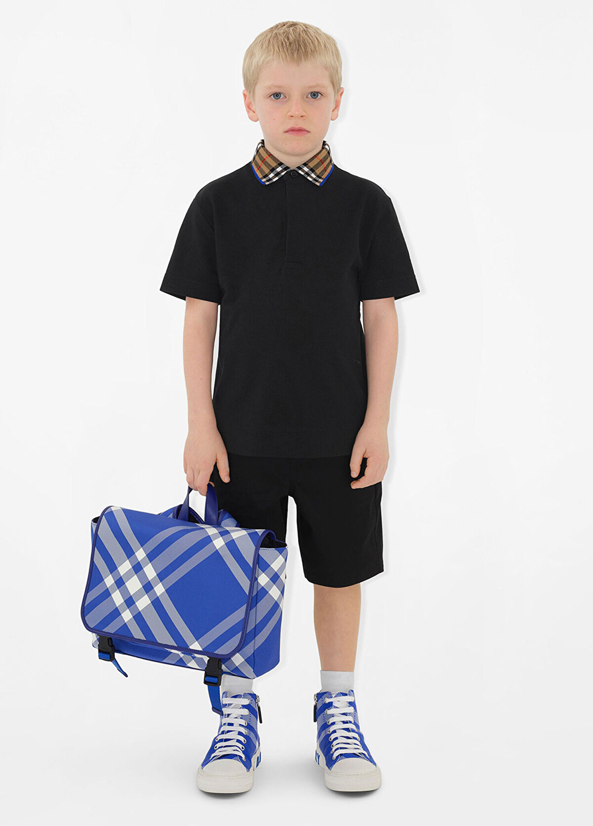 Burberry Check Siyah Pamuklu Polo Yaka Detaylı Kısa Kollu Unisex Çocuk T-Shirt - 3