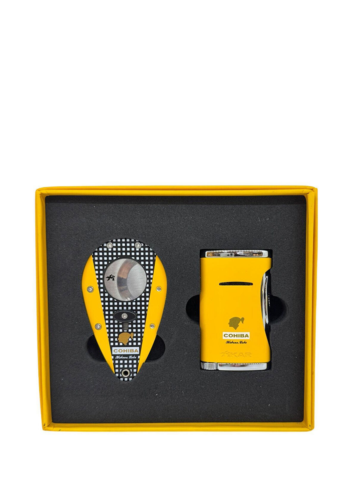 Xikar Cohiba Sarı Kareli Puro Çakmağı ve Kesici Seti - 3