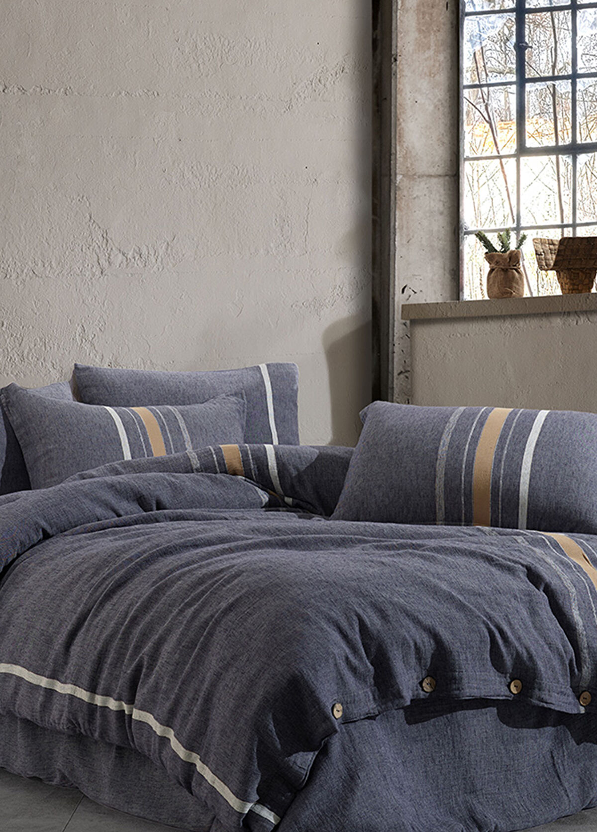 Buldan's Runda Navy Blue Khaki Linen Duvet Cover Set - 3