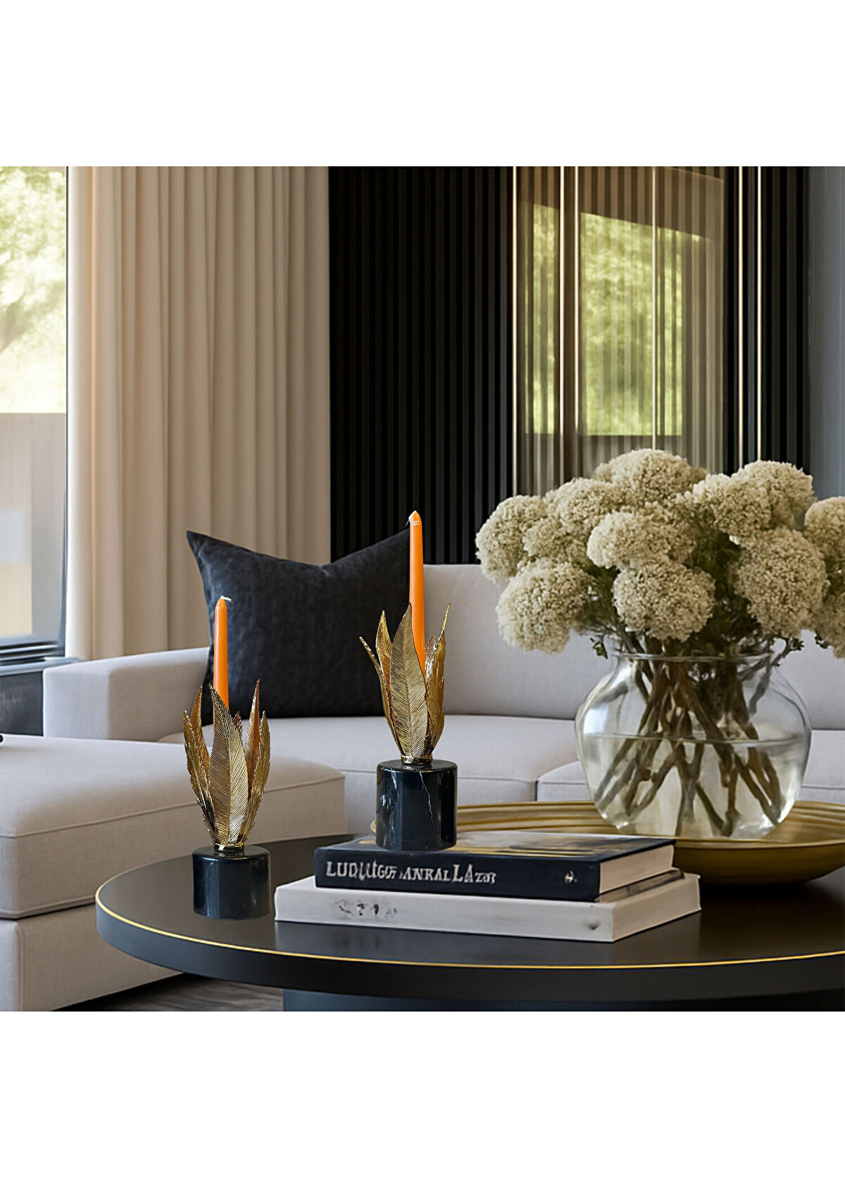 2in1 Design Studio Fire Mermer Kaideli Pirinç Detaylı 2'li Şamdan Seti - 3